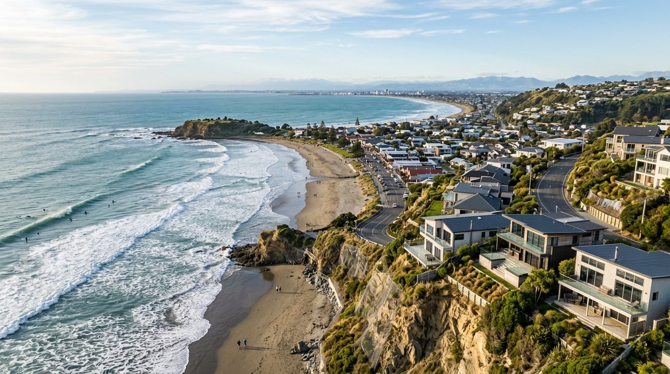 Sumner Beach and Port Hills coastal scene