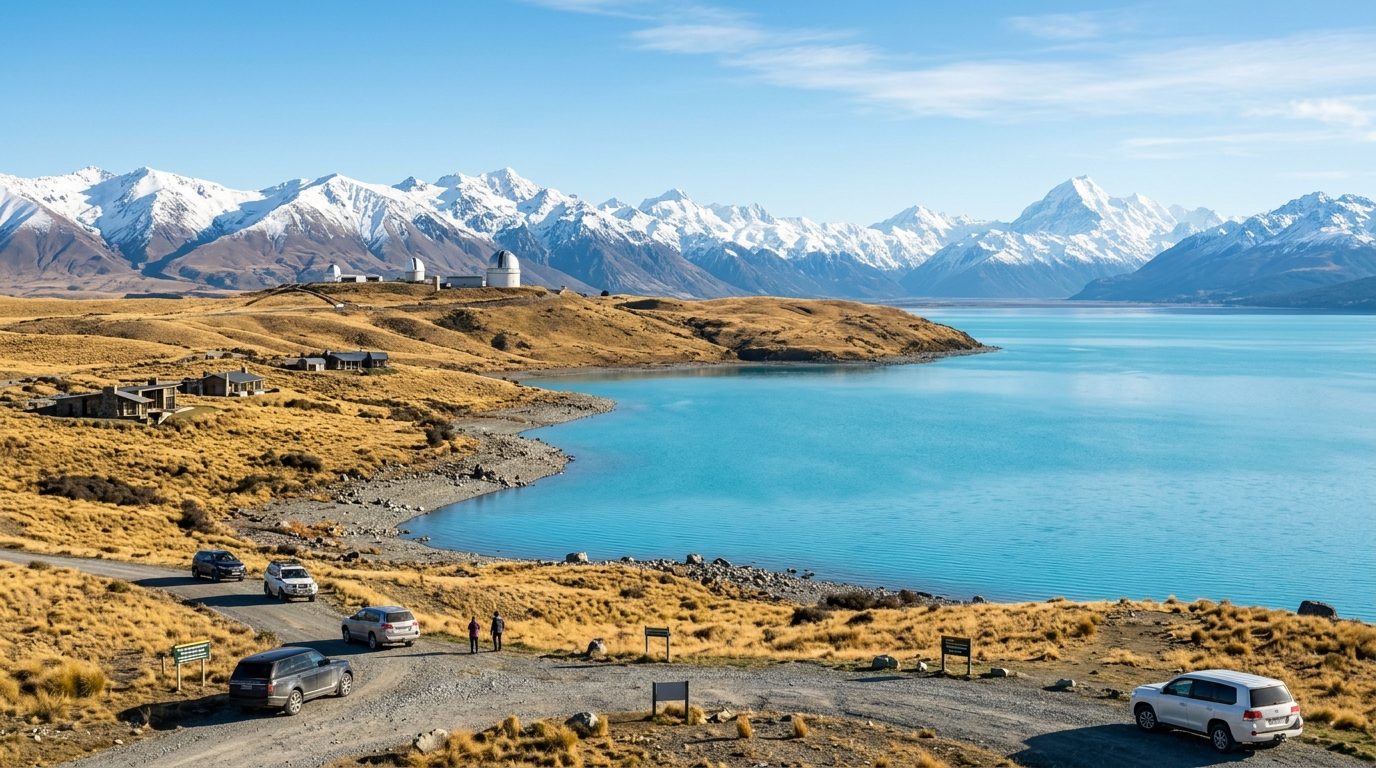 Lake Tekapo turquoise waters and the Alps