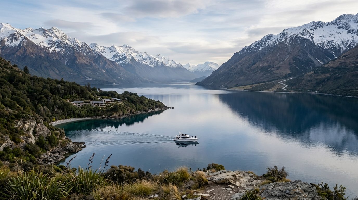 Boat crossing Lake Wakatipu