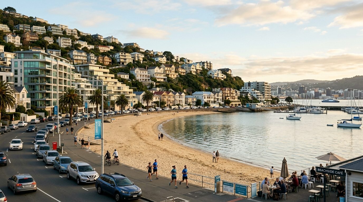 Shoreline with beach and apartments